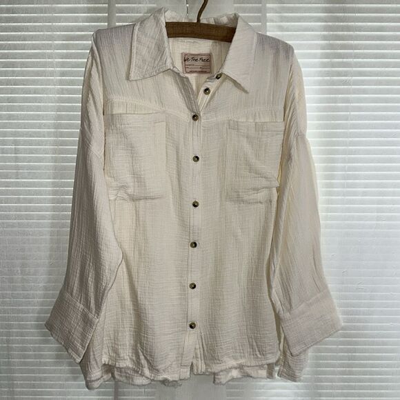 free people SML Cardiff Drop Sleeve Button Front Oversized High Low Shirt - Picture 5 of 11